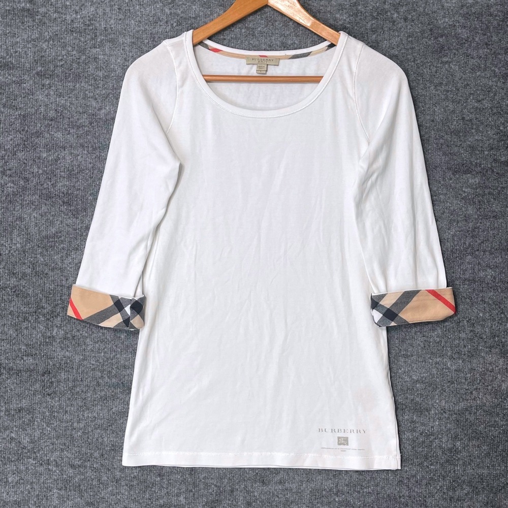 Burberry Brit Womens White Cotton Ribbed Top Nova Check Cuffs Size L